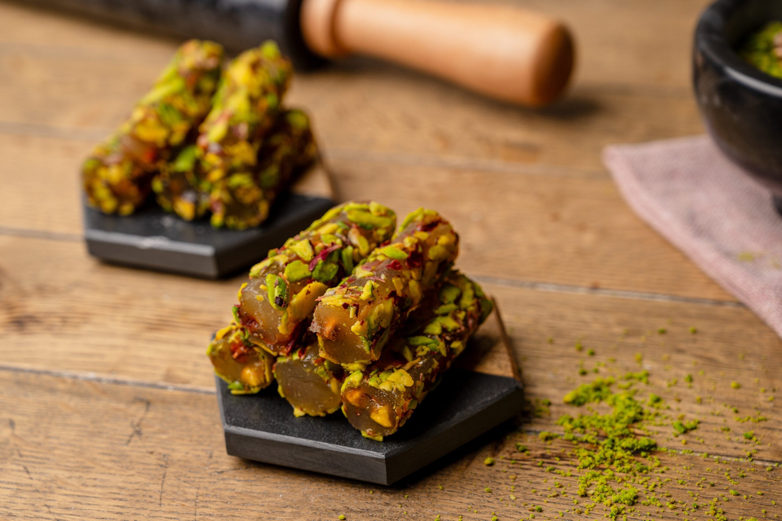 Mit Pistazien überzogener Turkish Delight 